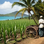 **Image Prompt:** "Historical scene depicting sugar cane plantation in Antigua and Barbuda during British colonial rule. Enslaved people working in fields under supervision of British overseers. Include elements of the Caribbean landscape with lush greenery and a distant view of the ocean. Emphasize the harsh conditions and exploitation, but also hint at resilience and resistance. Style: Realistic historical painting."
