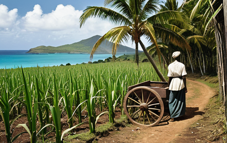 **Image Prompt:** "Historical scene depicting sugar cane plantation in Antigua and Barbuda during British colonial rule. Enslaved people working in fields under supervision of British overseers. Include elements of the Caribbean landscape with lush greenery and a distant view of the ocean. Emphasize the harsh conditions and exploitation, but also hint at resilience and resistance. Style: Realistic historical painting."