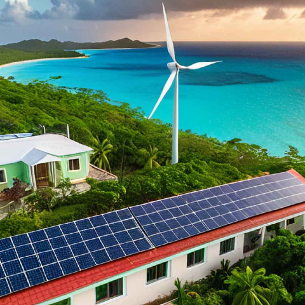 **

A vibrant aerial view showcasing Antigua and Barbuda. In the foreground, modern, hurricane-resistant homes are nestled amongst lush, green vegetation. Solar panels glisten on rooftops, and a well-maintained mangrove forest lines a pristine coastline. In the background, wind turbines spin gracefully, providing clean energy. The overall scene evokes a sense of resilience and sustainability against the backdrop of a stunning Caribbean sunset.

**