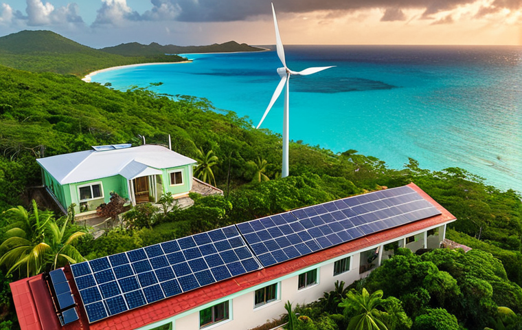 **
A vibrant aerial view showcasing Antigua and Barbuda. In the foreground, modern, hurricane-resistant homes are nestled amongst lush, green vegetation. Solar panels glisten on rooftops, and a well-maintained mangrove forest lines a pristine coastline. In the background, wind turbines spin gracefully, providing clean energy. The overall scene evokes a sense of resilience and sustainability against the backdrop of a stunning Caribbean sunset.
**