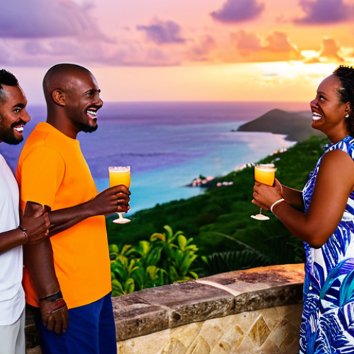 A diverse group of adults enjoying a vibrant Caribbean sunset gathering at Shirley Heights Lookout in Antigua. All subjects are fully clothed in modest, comfortable resort wear and appropriate attire, professional dress. The background features a stunning panoramic view of a dramatic orange and purple sunset over the Caribbean Sea, with lush palm trees and a lively, family-friendly atmosphere. People are smiling, conversing casually, and gently swaying to faint music, some holding non-alcoholic tropical drinks. Professional photography, high-quality, vivid colors, warm lighting, perfect anatomy, correct proportions, natural pose, well-formed hands, proper finger count, natural body proportions, safe for work, appropriate content, fully clothed, modest, family-friendly.