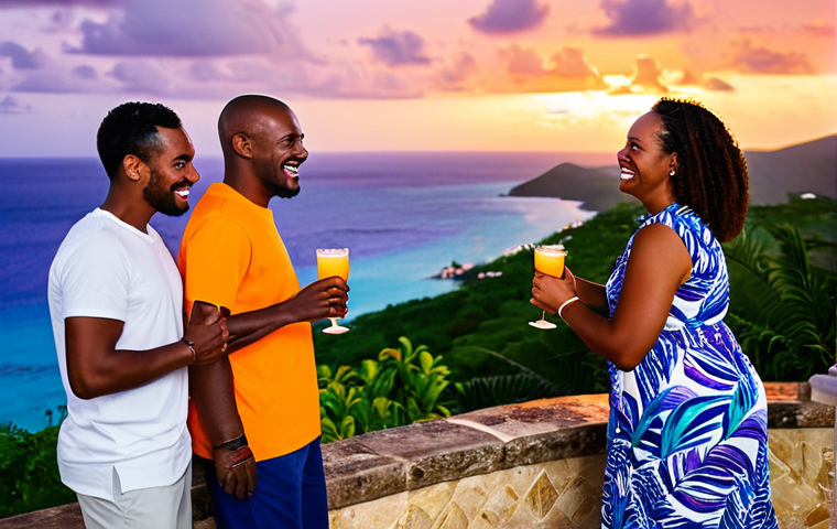 A diverse group of adults enjoying a vibrant Caribbean sunset gathering at Shirley Heights Lookout in Antigua. All subjects are fully clothed in modest, comfortable resort wear and appropriate attire, professional dress. The background features a stunning panoramic view of a dramatic orange and purple sunset over the Caribbean Sea, with lush palm trees and a lively, family-friendly atmosphere. People are smiling, conversing casually, and gently swaying to faint music, some holding non-alcoholic tropical drinks. Professional photography, high-quality, vivid colors, warm lighting, perfect anatomy, correct proportions, natural pose, well-formed hands, proper finger count, natural body proportions, safe for work, appropriate content, fully clothed, modest, family-friendly.