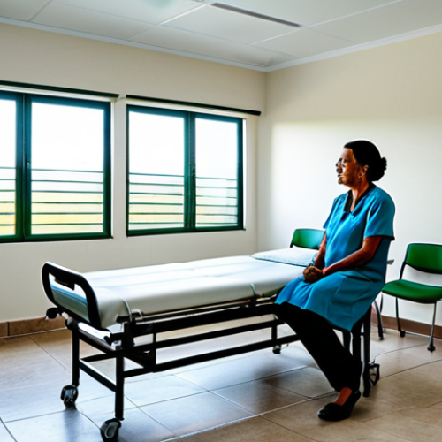 Home 27 Modern Medical Clinic in Antigua**
"A bright and airy medical clinic waiting room in Antigua, featuring comfortable seating and modern medical equipment visible in the background. A fully clothed doctor is talking with a senior patient. Safe for work, appropriate content, fully clothed, professional medical setting, perfect anatomy, natural proportions, family-friendly."
**