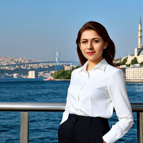 Home 26 **
"A successful businesswoman in a tailored black suit, white blouse, and modest jewelry, standing confidently in front of the Bosphorus with the Istanbul skyline in the background, fully clothed, appropriate attire, safe for work, perfect anatomy, natural proportions, professional photography, bright daylight."
**