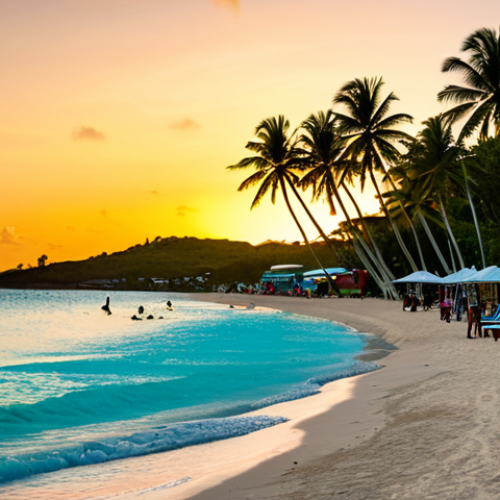 Home 12 Dickenson Bay Sunset**
"A vibrant sunset over Dickenson Bay, Antigua, with turquoise water and white sand. Silhouettes of palm trees and beach umbrellas. Soft, warm lighting. Safe for work, appropriate content, fully clothed figures enjoying the view in the distance. Perfect anatomy, natural proportions, professional photography, high quality, family-friendly."
**