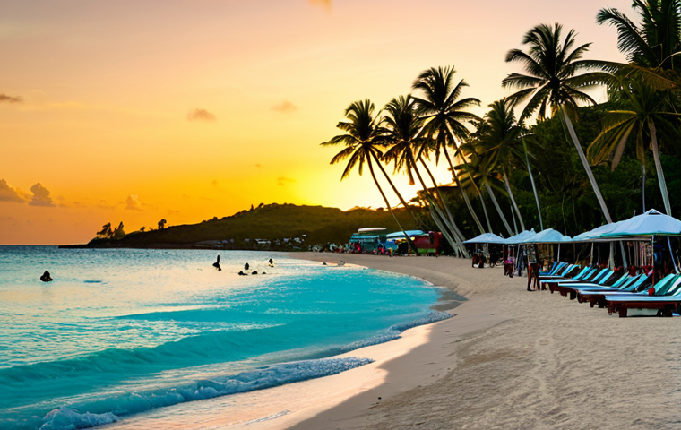 Dickenson Bay Sunset**
"A vibrant sunset over Dickenson Bay, Antigua, with turquoise water and white sand. Silhouettes of palm trees and beach umbrellas. Soft, warm lighting. Safe for work, appropriate content, fully clothed figures enjoying the view in the distance. Perfect anatomy, natural proportions, professional photography, high quality, family-friendly."
**