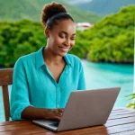 앤티가 바부다 생활비 및 물가 - A professional woman, in her early 30s, dressed in stylish casual wear (e.g., a light linen shirt an...