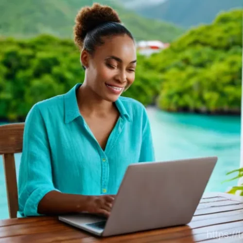 Home 22 앤티가 바부다 생활비 및 물가 - A professional woman, in her early 30s, dressed in stylish casual wear (e.g., a light linen shirt an...