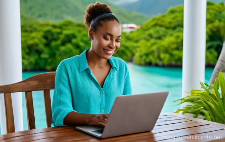 앤티가 바부다 생활비 및 물가 - A professional woman, in her early 30s, dressed in stylish casual wear (e.g., a light linen shirt an...